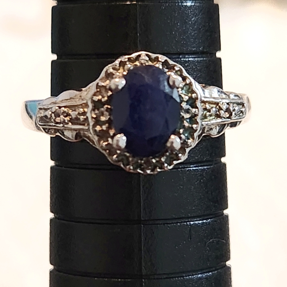Blue Sapphire Sterling Silver Halo Ring. Size 6.75-7.